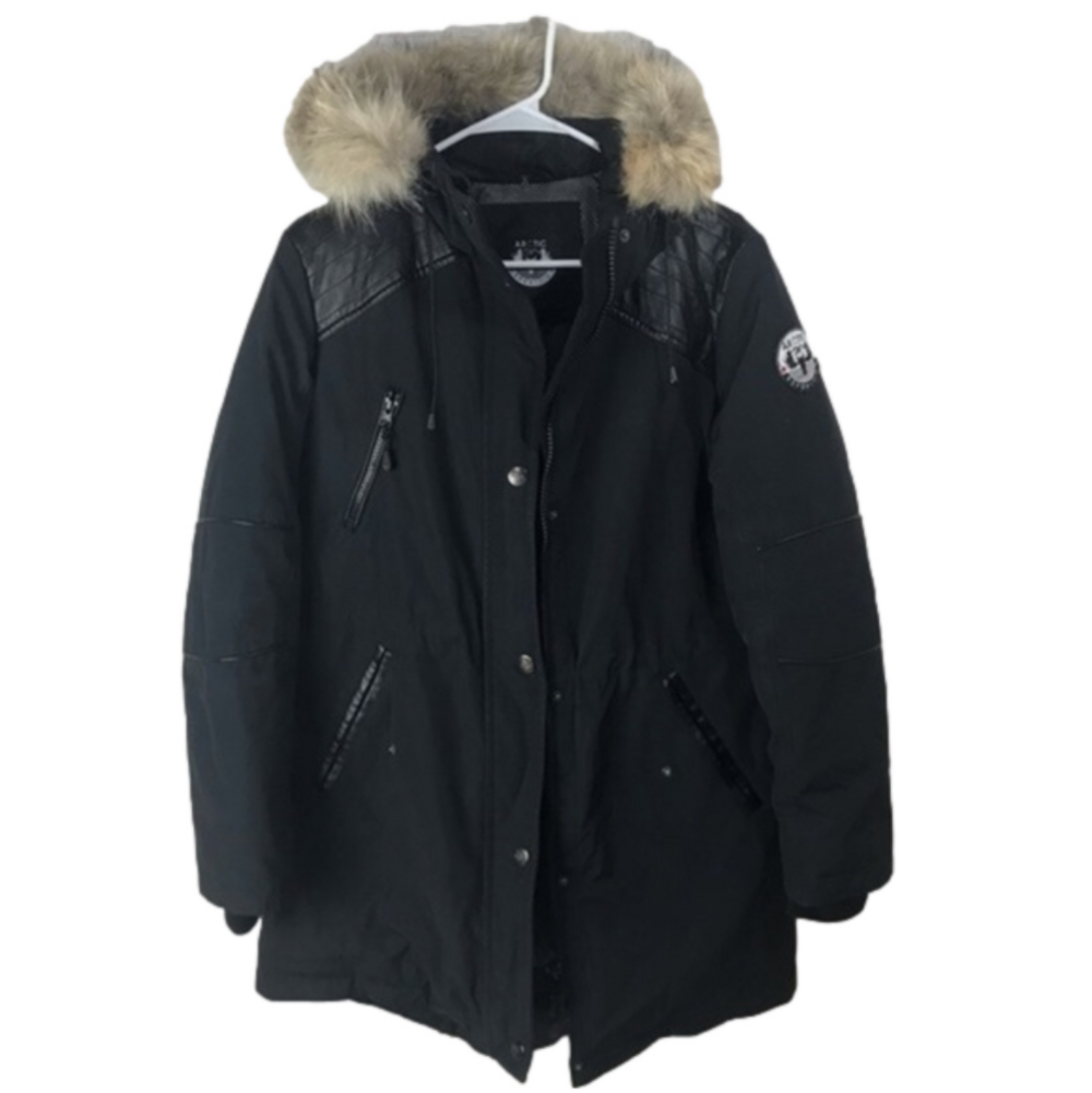 arctic expedition women's leather trim parka black size medium